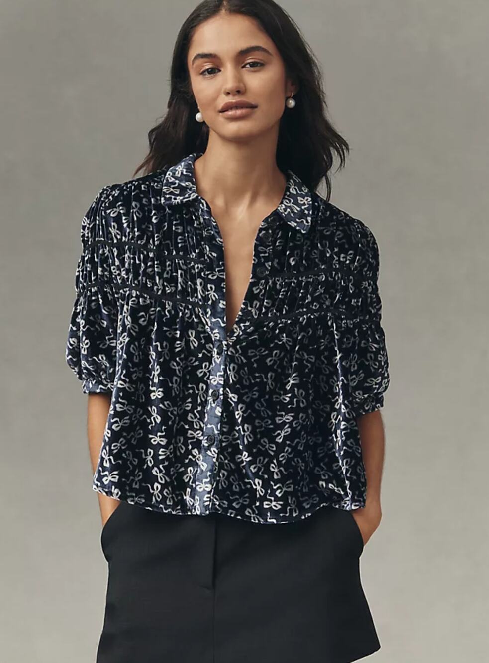 Maeve "Leandra Velvet Shirred Yoke Blouse
